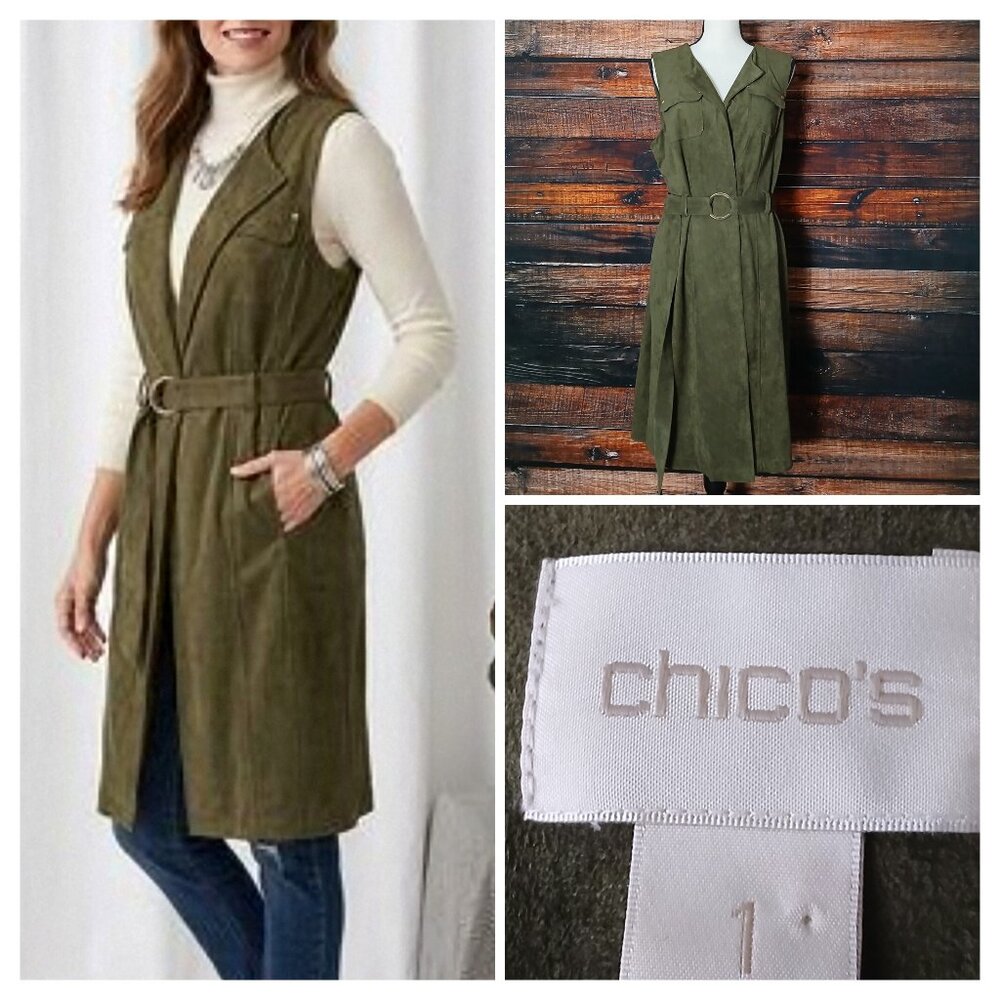 Chicos Vest Size 1 US M Belted Olive Green Faux Suede Open Long Topper